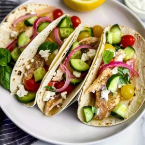 Slow Cooker Greek Chicken Tacos served in pita with fresh toppings