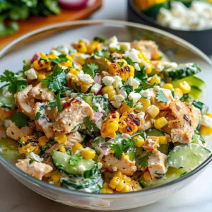 Street Corn Creamy Cucumber Chicken Salad: An Amazing Ultimate Recipe 3 Creamy cucumber chicken salad with street corn served in a bowl.
