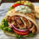 Delicious authentic Greek chicken gyros served with tzatziki sauce and fresh vegetables.