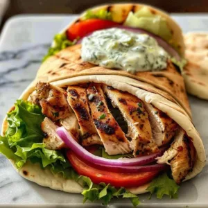 Delicious authentic Greek chicken gyros served with tzatziki sauce and fresh vegetables.