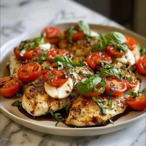 Baked Caprese Chicken 3 Baked Caprese Chicken with mozzarella, basil, and tomatoes on a plate