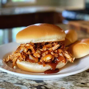 BBQ Pulled Chicken 3 Delicious BBQ pulled chicken served on a bun with coleslaw