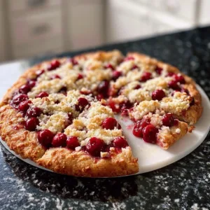 Cherry Dessert Pizza with Crumble Topping 2 Delicious cherry dessert pizza topped with crumble, garnished with fresh cherries.