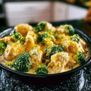 Comforting Crockpot Creamy Broccoli Cheddar Chicken 2 Crockpot creamy broccoli cheddar chicken served in a bowl with fresh herbs.