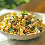 Colorful corn salad with fresh vegetables in a bowl ready to serve.