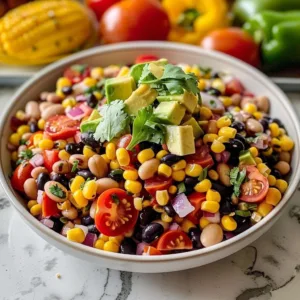 Bowl of Cowboy Caviar with beans, corn, and fresh vegetables