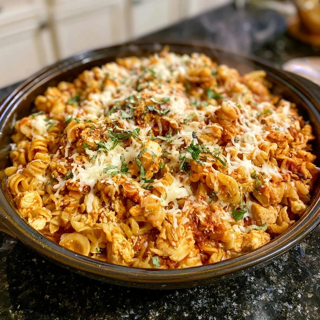 Cozy Crock Pot Chicken Parmesan Pasta Bake