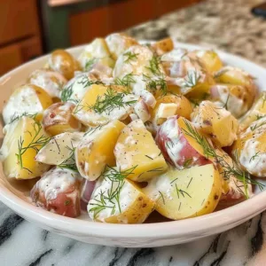 Creamy Dill Potatoes 3 Creamy dill potatoes served in a bowl garnished with fresh dill.