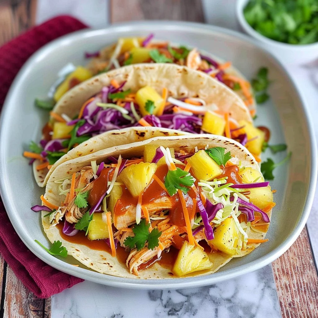 Crock Pot Hawaiian BBQ Chicken Tacos with Pineapple Slaw