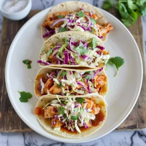 Crockpot BBQ Chicken Tacos with Crunchy Slaw 3 Crockpot BBQ Chicken Tacos garnished with crunchy slaw on a plate