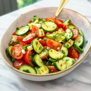 Cucumber and Tomato Salad 3 Fresh Cucumber Tomato Salad with herbs in a bowl