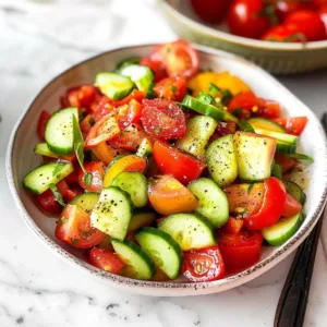 Cucumber Tomato Salad with Italian Dressing 3 Cucumber tomato salad with Italian dressing in a bowl