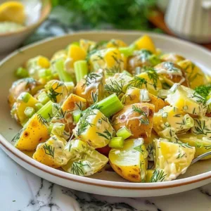 Bowl of creamy Dill Potato Salad with fresh herbs and potatoes