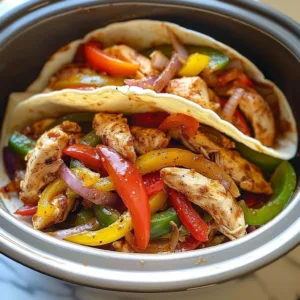 Delicious crockpot chicken fajitas with peppers and spices served on a plate