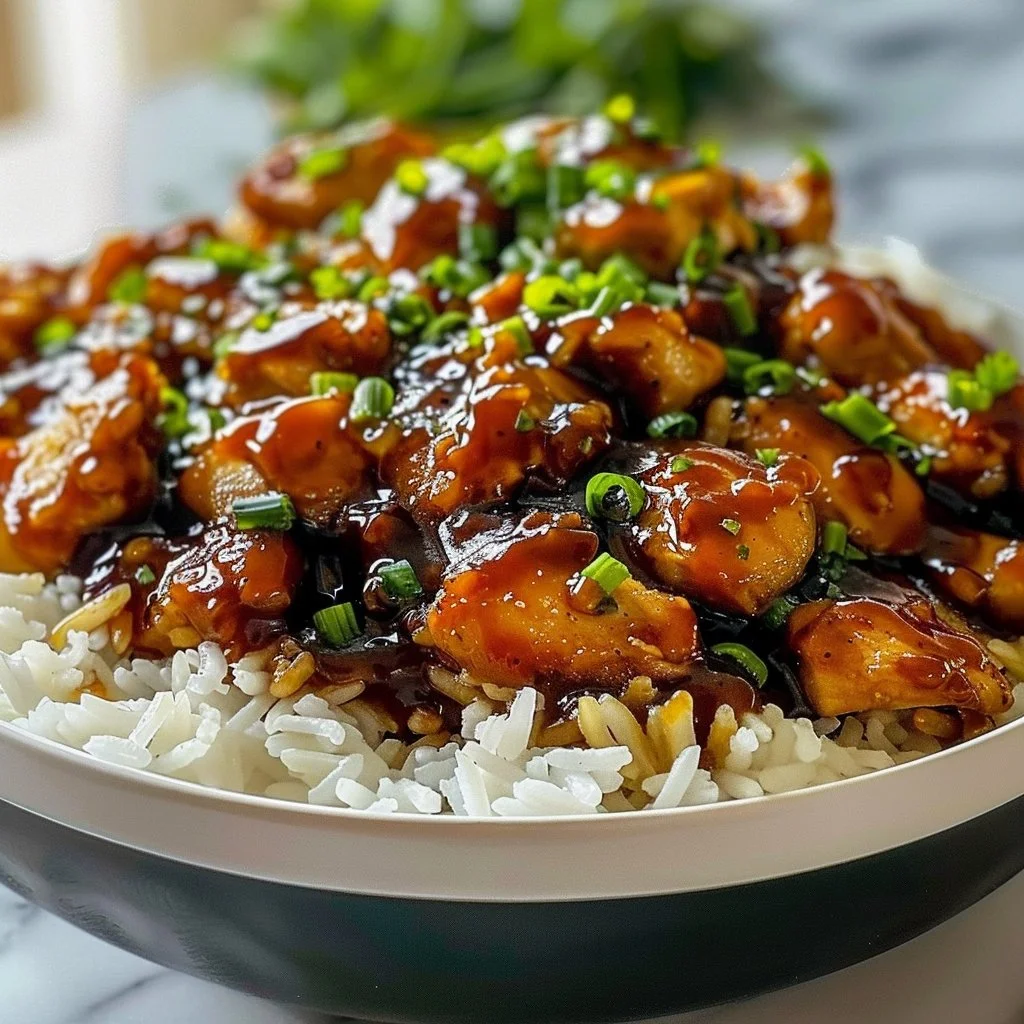 Easy Sticky Honey BBQ Chicken Rice Bowls.