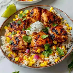 Easy Street Corn Chicken Rice Bowl 3 Easy corn chicken rice bowl topped with fresh ingredients and served in a bowl