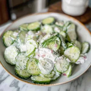 German Cucumber Salad 3 German cucumber salad with fresh ingredients in a bowl