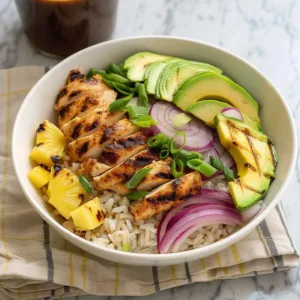Grilled Hawaiian Chicken Bowls 3 Delicious Grilled Hawaiian Chicken Bowl with colorful vegetables and rice
