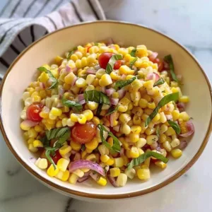 Delicious corn salad by Ina Garten, ready to serve on a colorful platter.
