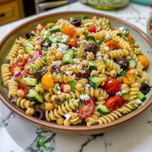 Italian Pasta Salad 3 Colorful Italian Pasta Salad with vegetables and dressing served in a bowl