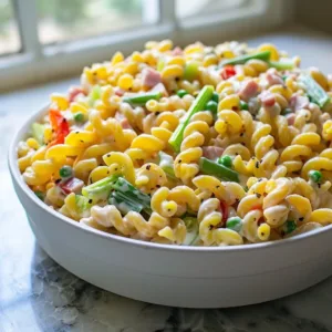 Pasta Salad 3 Colorful pasta salad with vegetables, herbs, and dressing in a bowl