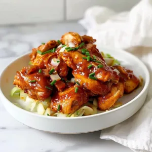Delicious slow cooker BBQ chicken in a serving dish with sauce