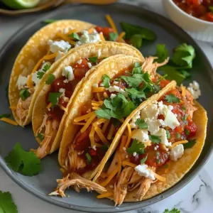 Slow Cooker Chicken Tacos 3 Slow Cooker Chicken Tacos served on a plate garnished with fresh cilantro